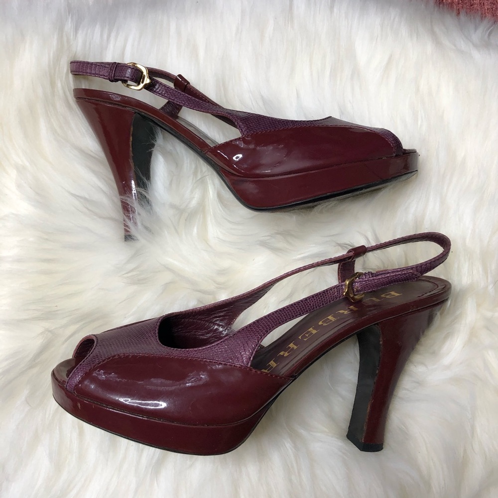 Burberry | Burgundy Sling Back Peep Toe Heels 39 - Picture 6 of 9